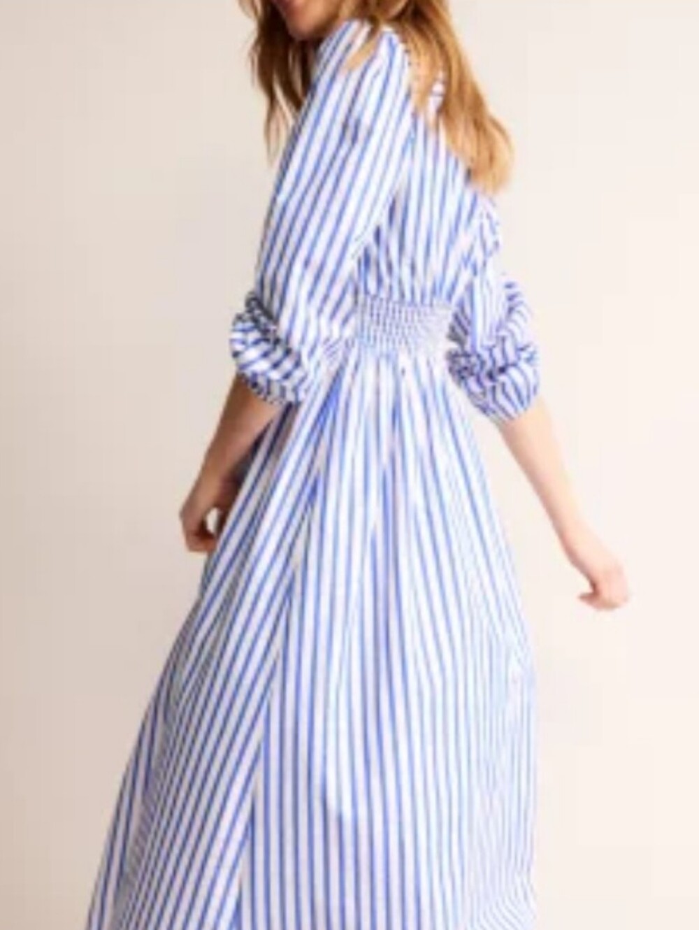 Boden Women's Blue White Striped Cotton Smocked Waist Button Front Shirt Dress 4 - Picture 3 of 13